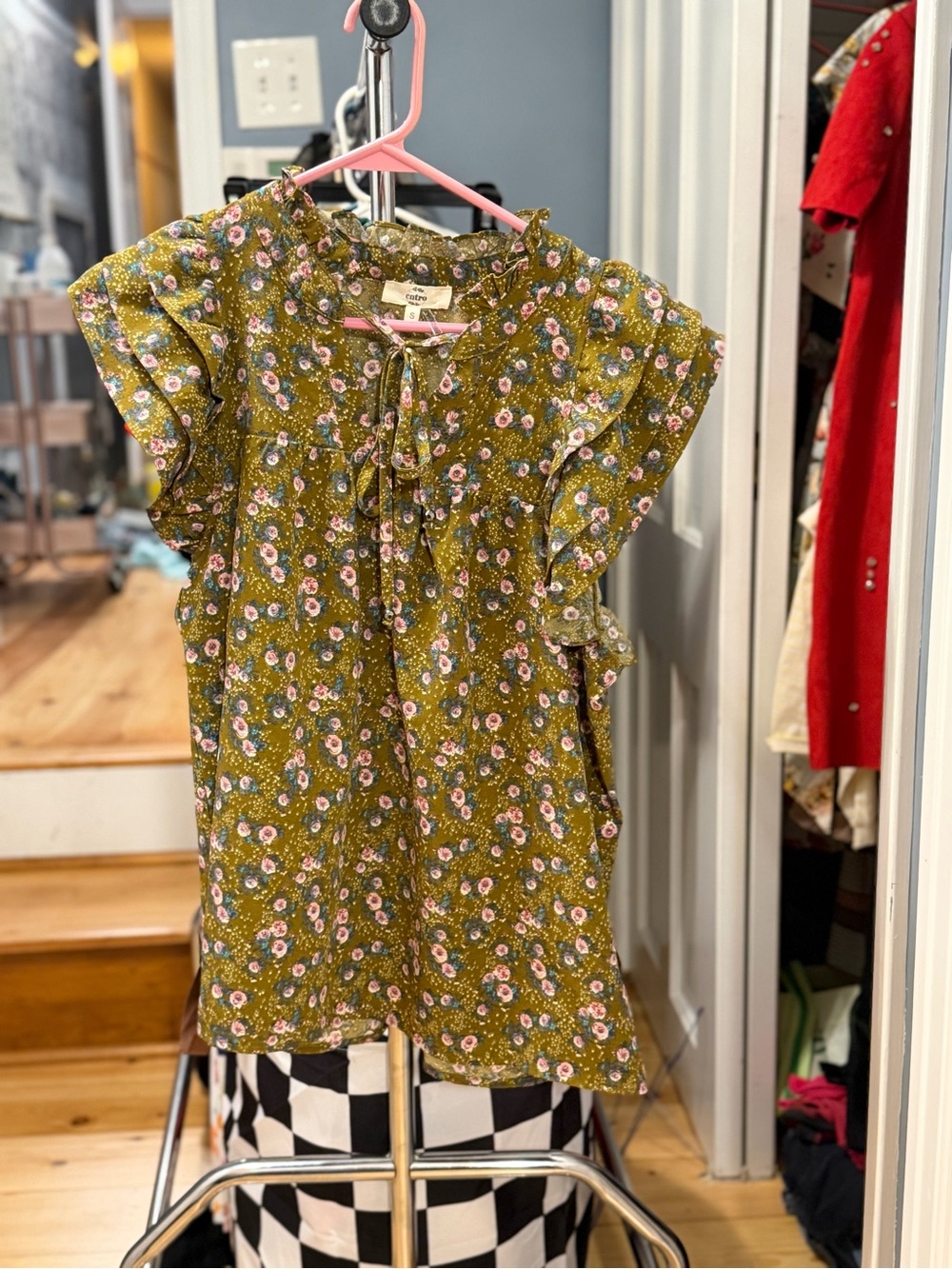 Entro Olive Green Floral Ruffle Top with Pink Accent